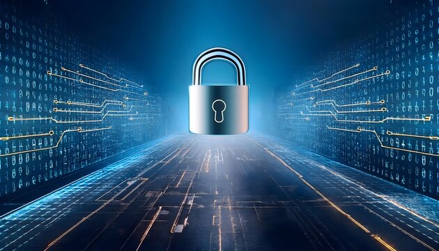 Data privacy laws visualized with locks and codes, digital background, 3D illustration, law restriction, regulations, enforcement.