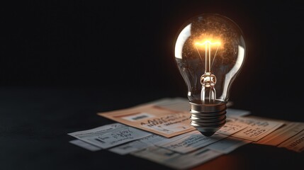 A glowing light bulb sits atop scattered banknotes, symbolizing ideas, money, and innovation in a dark, moody setting.