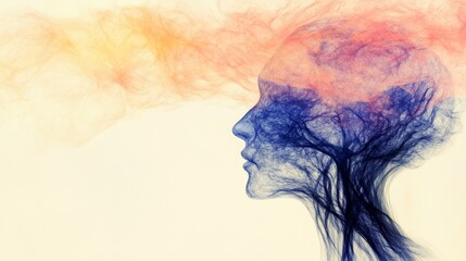 Abstract portrait of a woman, merging with nature, showcasing inner peace and tranquility. Warm and cool colors blend seamlessly, creating a serene mood.