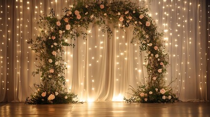 A stylish wedding backdrop featuring a rustic floral arch with intertwined foliage and soft lighting for an elegant event atmosphere