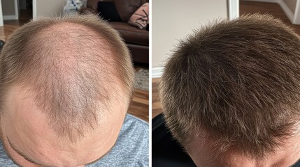 Fototapeta premium hyperrealistic photo, close-up, high angle view, side-by-side comparison photo of man's hair before and after hair loss treatment,
