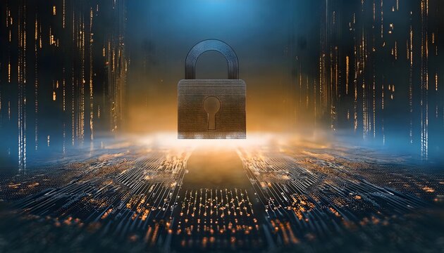 Data privacy laws visualized with locks and codes, digital background, 3D illustration, law restriction, regulations, enforcement.