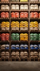 Rows of stacked food ingredient bags in a large warehouse, a view of a food ingredient supplier's storage facility. food vectors. Ultra realistic. Photorealistic