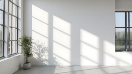 A blank modern wall with large windows nearby, casting natural light and shadows, ultra-detailed 8K clarity