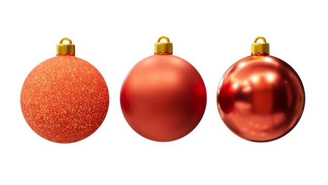 Christmas 3d balls red matte, glossy, shine, glitter. tree elegant red christamas balls for decoration design, png, alpha background