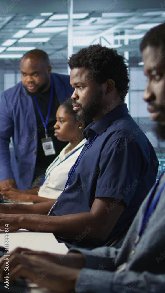 Poster vertical video server room engineers panicking after seeing disaster recovery plans fail, unable to 