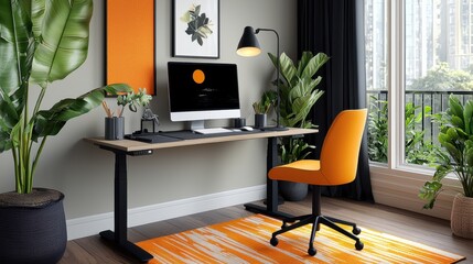 Modern Home Office Design with Stylish Furniture and Natural Greenery in Bright Workspace