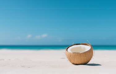 Summer holiday background image, space for text, negative space, coconut, blue sky, summer holidays. Vitality, life, joy, relaxation, joy