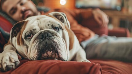 A cozy scene featuring a relaxed bulldog lounging with its owner on a couch.