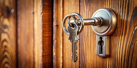 Close-up of keys hanging from keyhole in wooden door, highlighting practicality and security of home life, keys