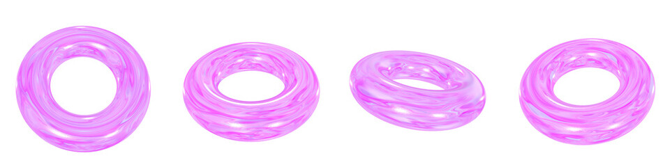 Set of 4 3d iridescent torus isolated on a transparent background. Pink tone. 3d elements for graphic design.