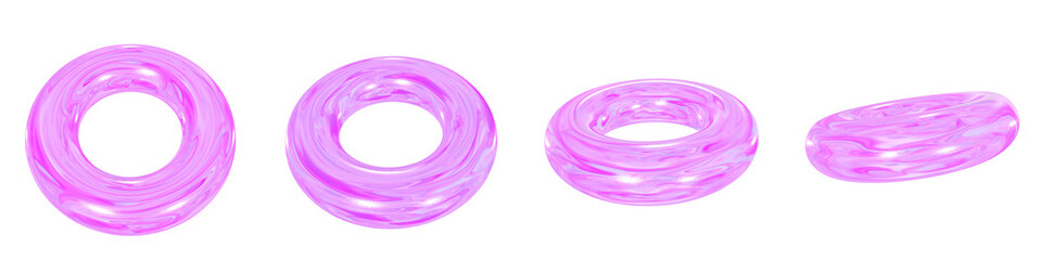 Set of 4 3d iridescent torus isolated on a transparent background. Pink tone. 3d elements for graphic design.