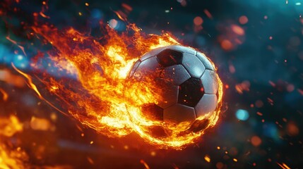 Fototapeta premium A soccer ball surrounded by roaring flames flies through the air, capturing the intensity of the game and a dynamic sense of motion.