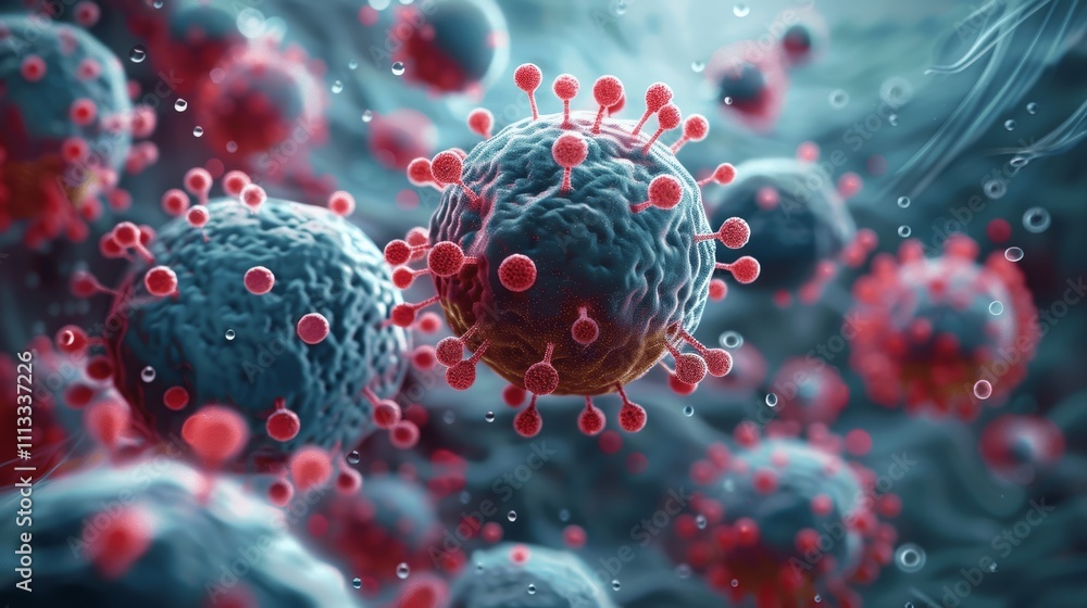Poster microscopic view of virus surrounded by b and t cells in tissue sample 8k rendering by ai