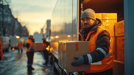Workers unloading boxes from a truck during sunset in an urban setting.
