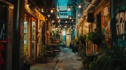 A vibrant alleyway adorned with string lights and graffiti, creating a lively atmosphere.