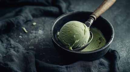 Fototapeta premium fresh avocado gelato macro shot, traditional ice cream scoop, smooth rippled surface, dark ceramic pan, rustic wooden handle, charcoal fabric background, homemade dessert styling