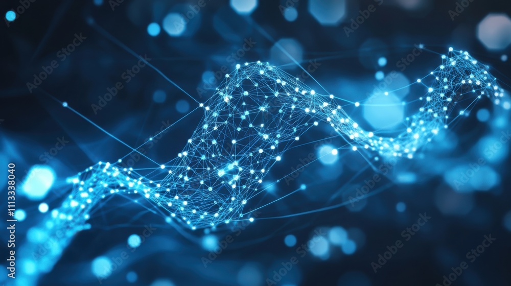 Poster blue abstract background with illuminated particles and waves