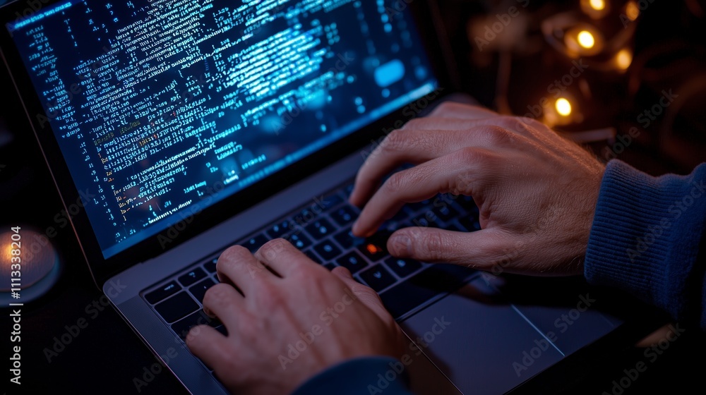Poster hands typing on a laptop with glowing code in a dimly lit environment during late-night coding sessi
