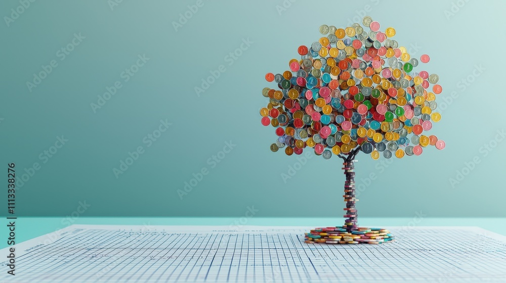Poster a colorful, artistic tree made of circular elements stands on graph paper against a pastel backgroun
