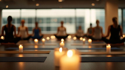 An after-hours wellness workshop in an office, featuring yoga mats and aromatherapy candles. Employees participate in a guided yoga session, their focused expressions reflecting relaxation and