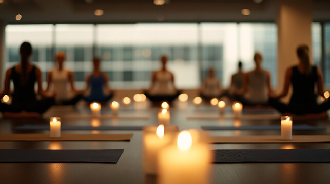 An after-hours wellness workshop in an office, featuring yoga mats and aromatherapy candles. Employees participate in a guided yoga session, their focused expressions reflecting relaxation and