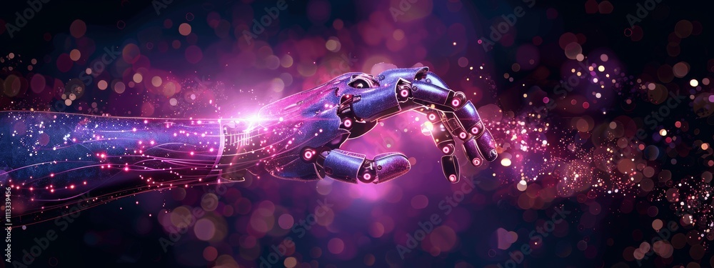 Poster ai machine learning human and robot hands touching big data network connection innovative futuristic