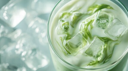 Obraz premium cold green tea milk drink captured mid-pour, creamy white base with emerald green tea creating artistic swirls, crystalline ice cubes, bright minimalist setting, macro lens