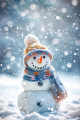 A colorful and whimsical snowman dressed in a cozy knitted hat and scarf stands against a picturesque snowy landscape, perfect for winter holiday decorations and banners.