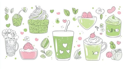 cheerful matcha dessert lineup, delicate linework, pastel green and pink tones, whimsical decorative elements, floating flowers, hearts, simple doodle style, clean white background