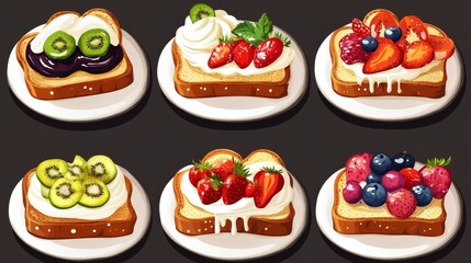 cartoon dessert menu, gourmet toast collection, thick bread slices, whipped cream dollops, seasonal fruits, dripping toppings, multiple flavors, clean white plates, coffee shop style, vector