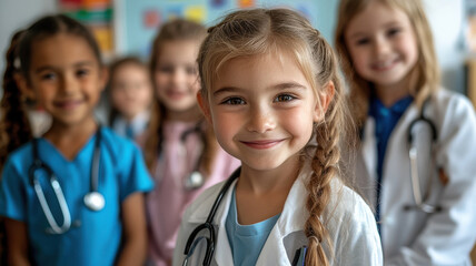 doctor kids concept. Group of kids in medical costumes smiling happily together