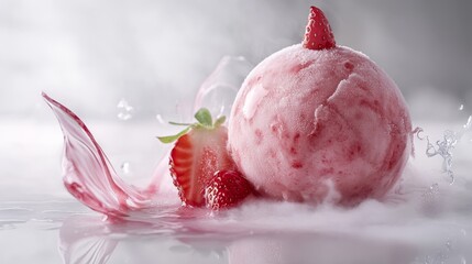 artisanal strawberry ice cream sphere, luxurious pink frozen dessert, organic strawberry ribbons, gourmet presentation, crystalline texture, pure white environment, high-end culinary photography, 8k