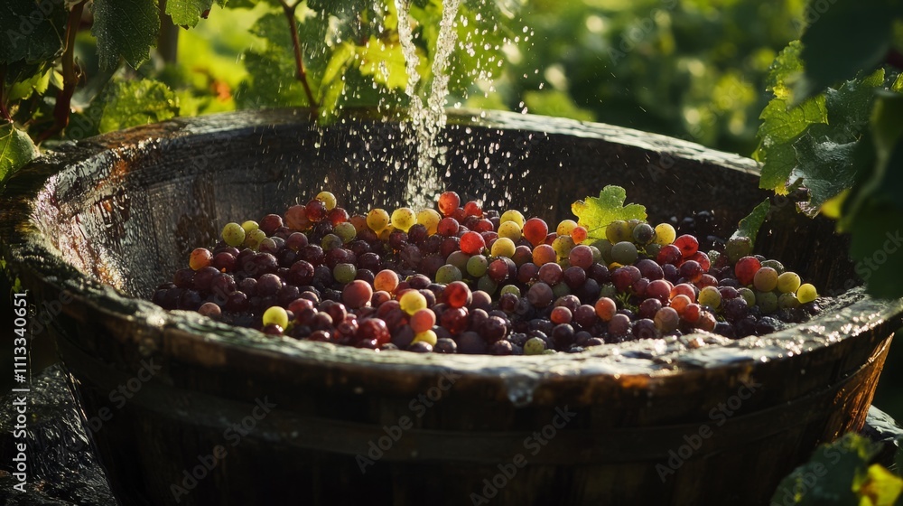 Poster vibrant grapes of various colors rest in a wooden basin as they soak in water, sparkling in the sunl