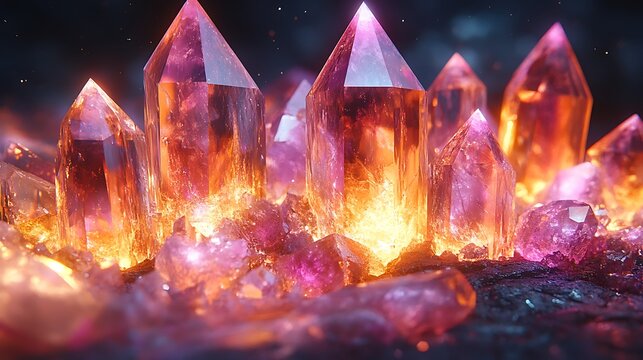 Faceted crystals with glowing holographic patterns and sharp prismatic edges suggesting elegance and refinement