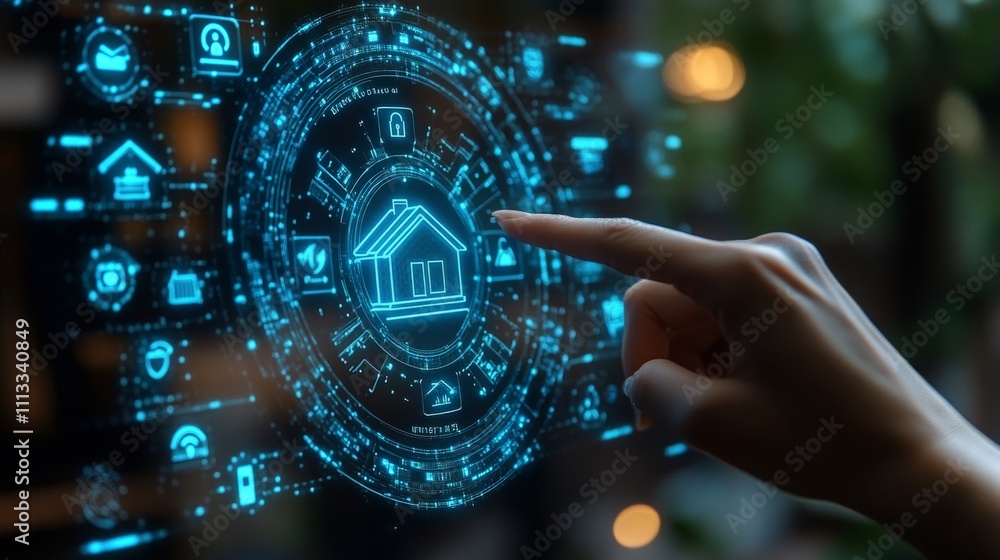 Poster hand points towards a blue holographic display of a smart home interface with icons