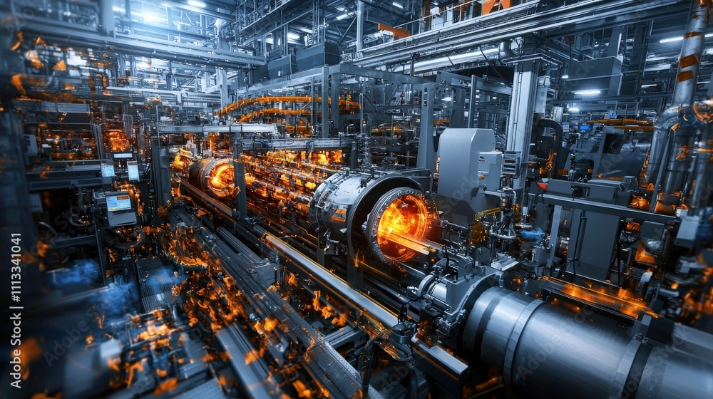Poster Dynamic cross-section of high-tech internal supply chain operations in an industrial factory environment
