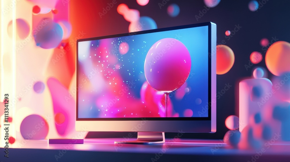 Poster vibrant mockup of computer display with colorful visual elements in a glowing background
