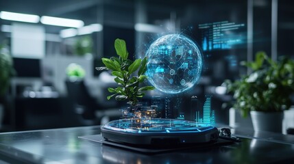Fototapeta premium Ai-driven forecasting in a modern office environment with advanced data and plant elements futuristic perspective