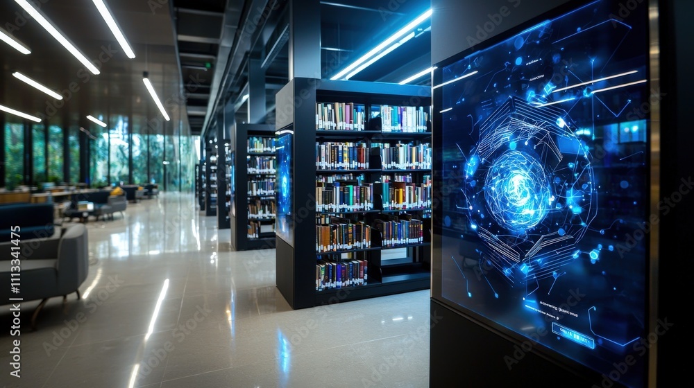 Poster modern holographic library experience high-tech facility showcasing future learning with digital dis