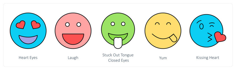 A set of face emoticon icons as heart eyes, laugh, stuck out tongue closed eyes