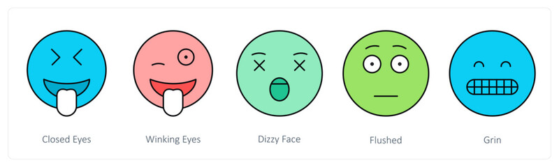 A set of face emoticon icons as closed eyes, winking eyes, dizzy eyes