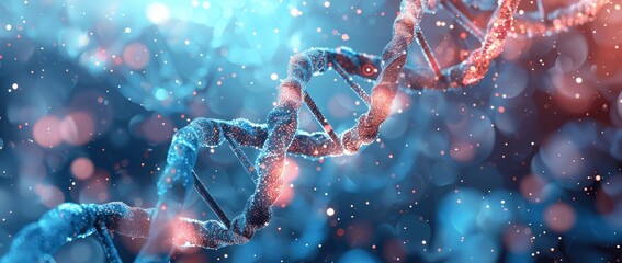 DNA Structure Render with Blue Background and Bokeh Lights, Science and Biotechnology Concept