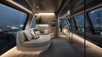 Innovative living room-style transport pod experience urban skyline interior design futuristic nighttime comfort concept
