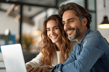 Happy male and female managers working together on laptop in office discussing corporate technology