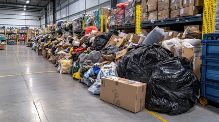 Warehouse overflow visual documentation of unsorted merchandise in an industrial distribution center