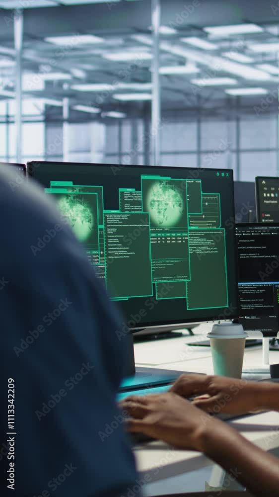 Poster vertical video woman requesting help from cybersecurity team after seeing security incidents affecti