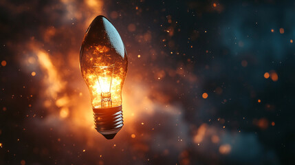 glowing light bulb shaped like a rocket launches upward symbolizing innovation creativity business growth success and forward thinking set against a vibrant gradient background