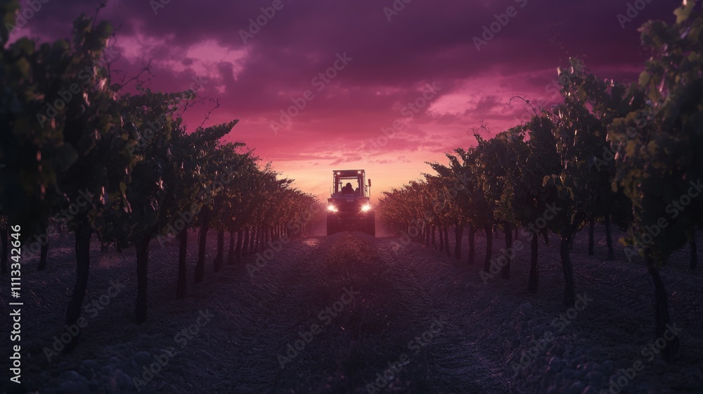 Poster a tractor moves through rows of grapevines as the sun sets, casting a vibrant purple glow across the