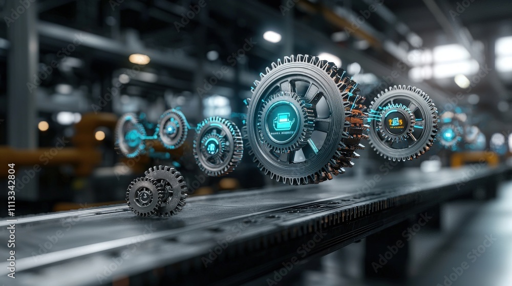 Poster Innovative animated value chain concept demonstrating interconnected gears in a modern industrial setting